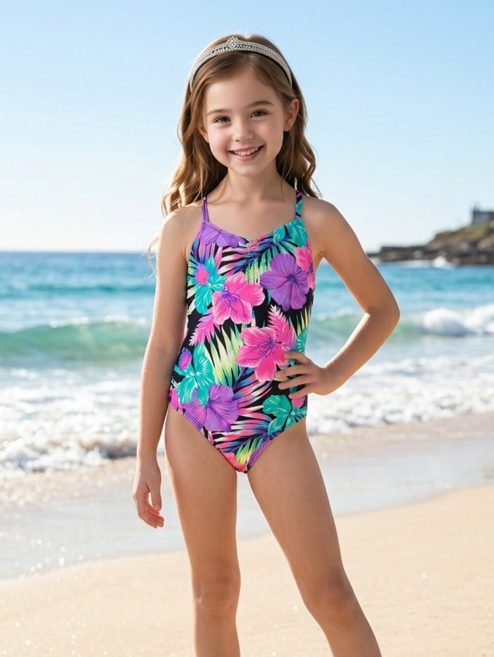 Children's Place Tropical Swimsuit Girls 5 6 Hibiscus Floral Cross Back UPF 50